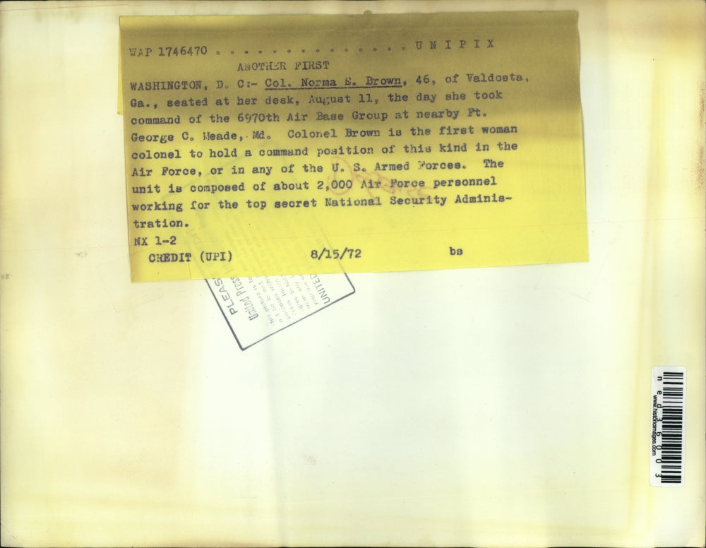 1972 Press Photo Col Norma Brown, top secret, National Security