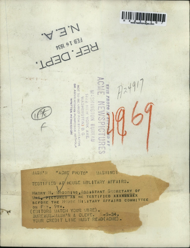 1934 Press Photo Harry H. Woodring, Assistant Secretary of War