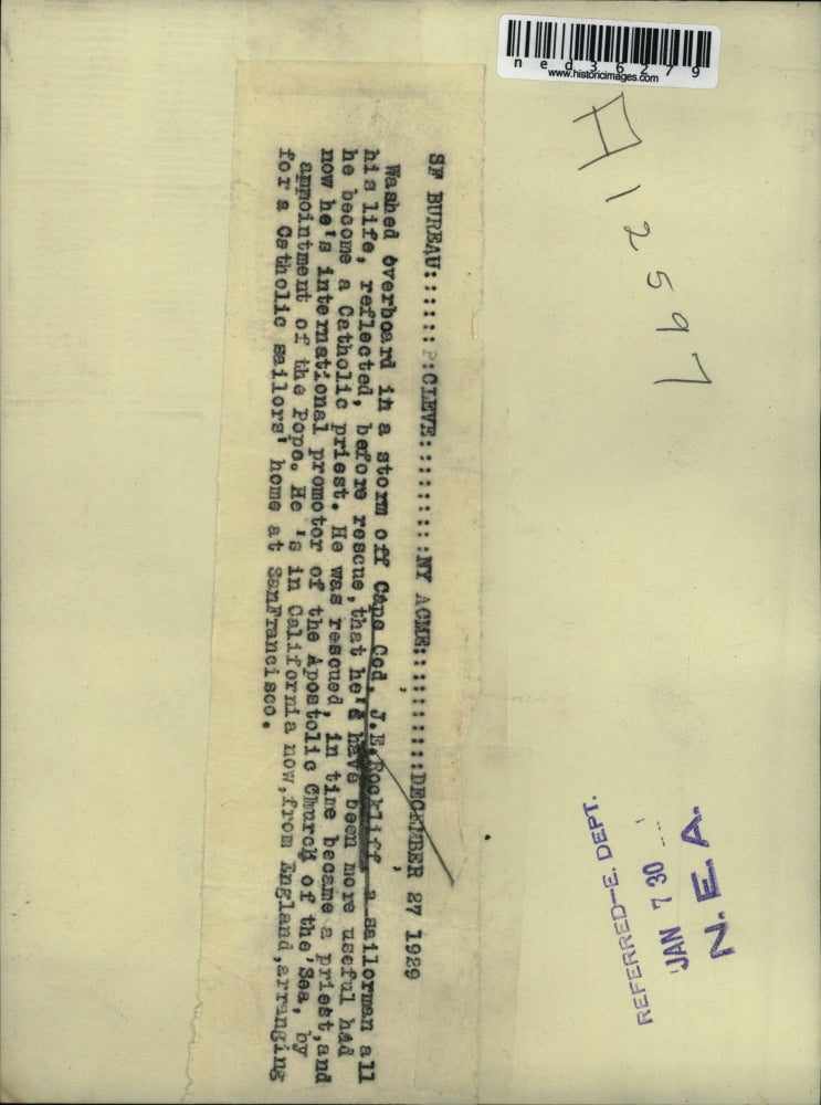 1930 Press Photo J.E. Rockliff, washed overboard in a storm off Cape Cod.