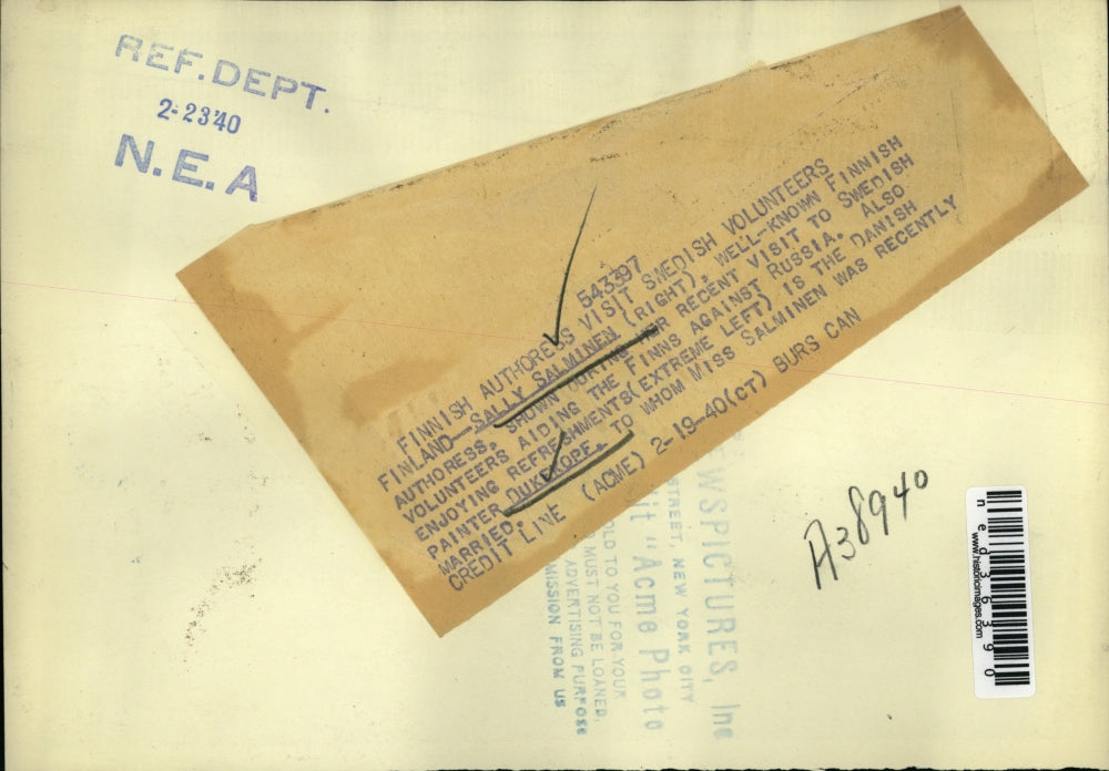 1940 Press Photo Miss Sally Salminen visit Swedish Volunteers in Finland