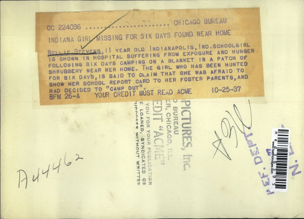 1937 Press Photo Nellie Stevens missing for six days found near home