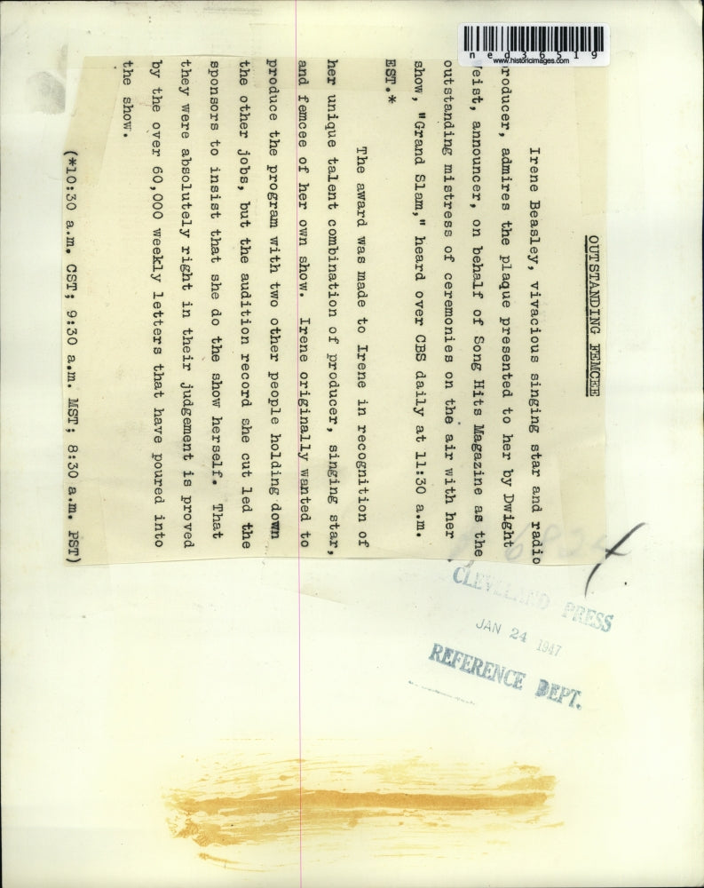 1947 Press Photo Irene Beasley- Singer, Producer, Femcee plaque by Dwight Weist