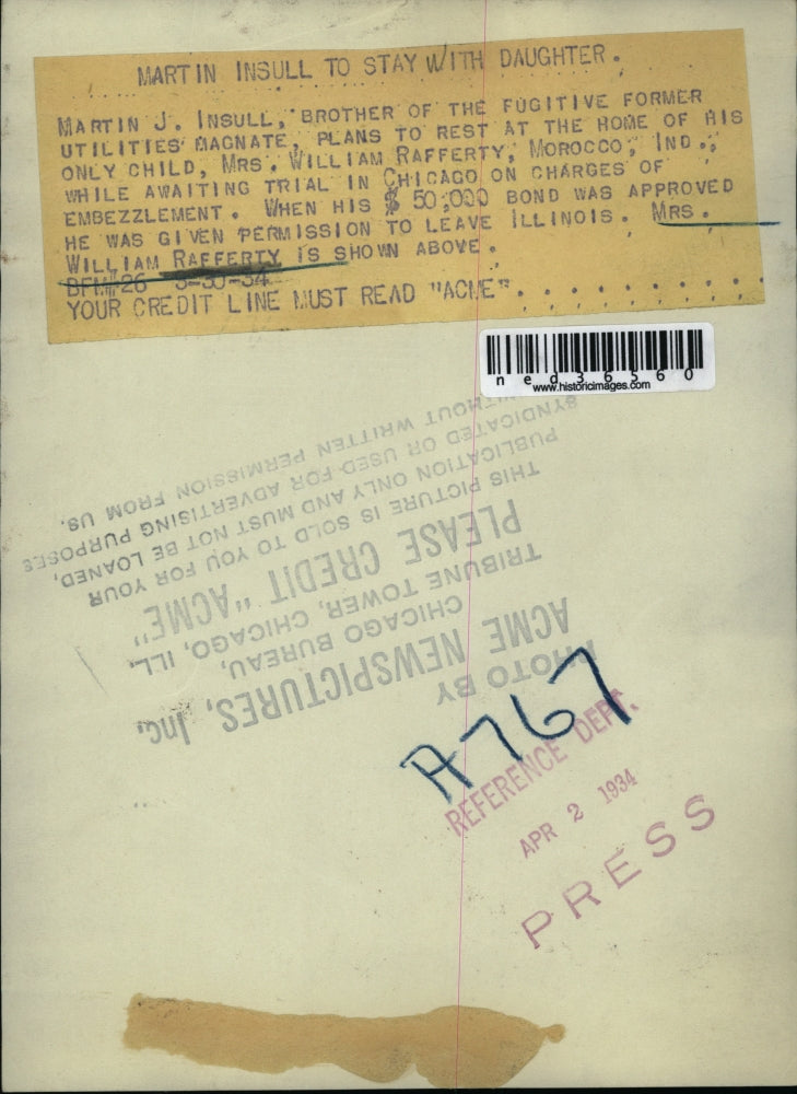 1934 Press Photo Martin J. Insull, brother of the fugitive Former Utilities