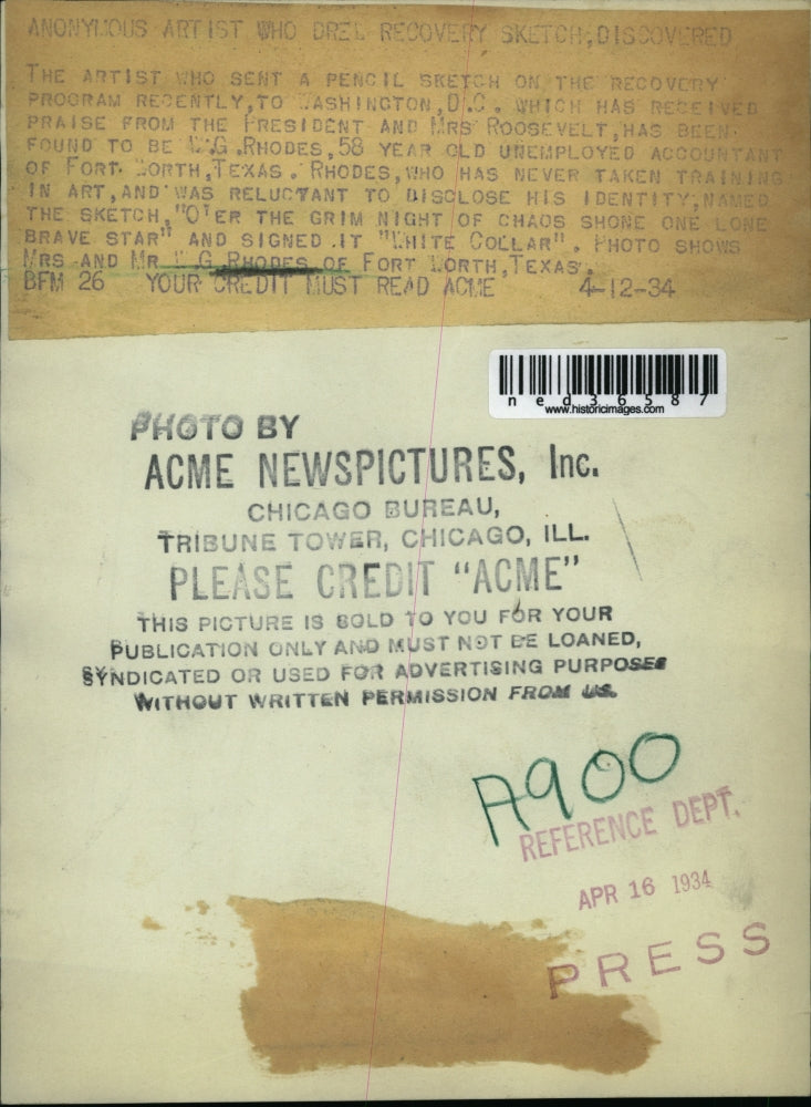 1934 Press Photo Pencil Sketch Washington DC Roosevelt Rhodes Art White Collar