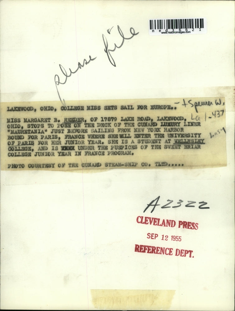 1955 Press Photo Miss Margaret B. Reeder, Lakewood, Ohio, Sailing to Paris