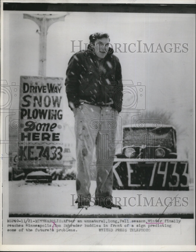 1953 Press Photo Minneapolis Winter Tom Sebrader Standing By Sign