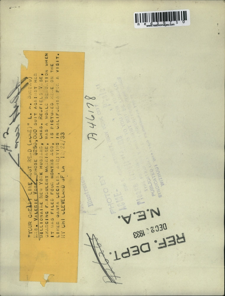 1933 Press Photo Valerie Vose New York Suit Against Husband Santa Cecilia