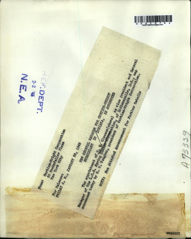 1945 Press Photo CUrtiss Wright W.W. Gleeson President L.G.S. Spring Clutch