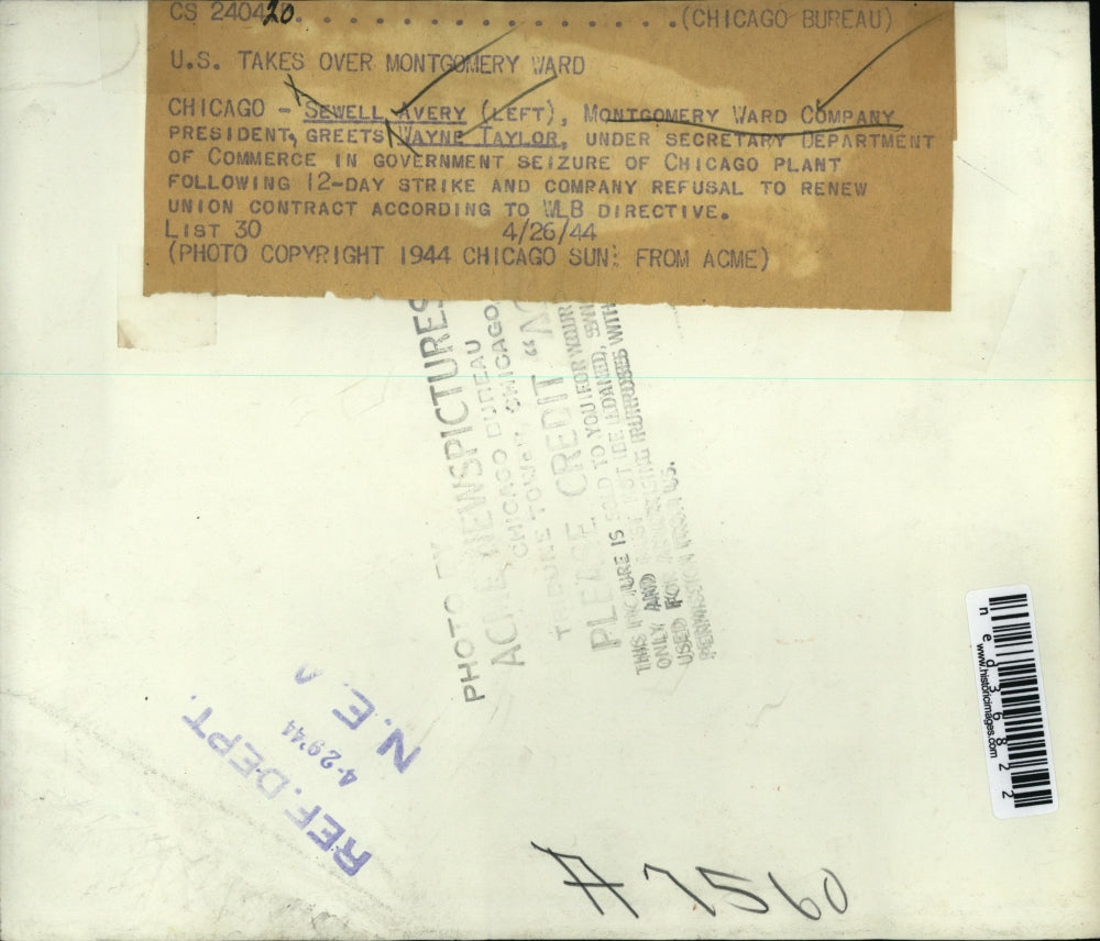 1944 Press Photo Sewell Avery greets Wayne Taylor