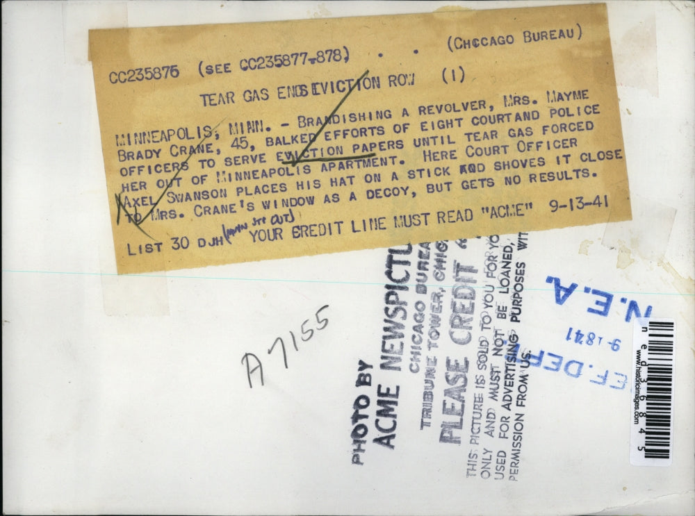 1941 Press Photo Tear Gas Serve Eviction Row