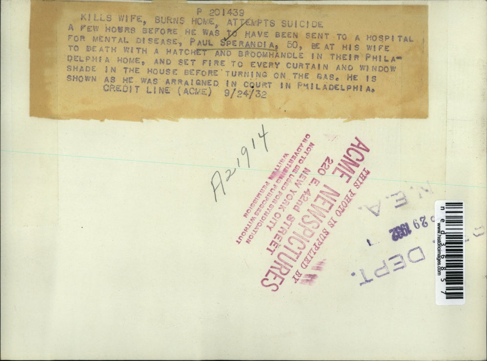 1932 Press Photo Paul Sperandia Beats Wife With A Hatchet And Sets House On Fire