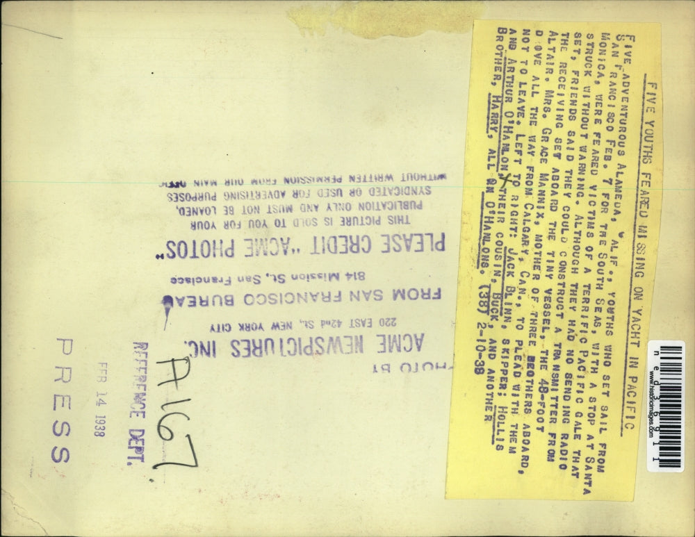 1938 Press Photo Five youth feared missing on Yatch in the Pacific