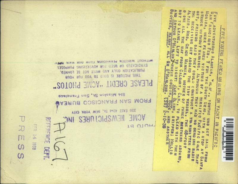Load image into Gallery viewer, 1938 Press Photo Five youth feared missing on Yatch in the Pacific
