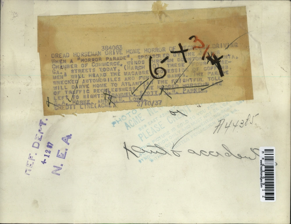 1937 Press Photo Dread Horsemen Drive Home Horror of Reckless Driving