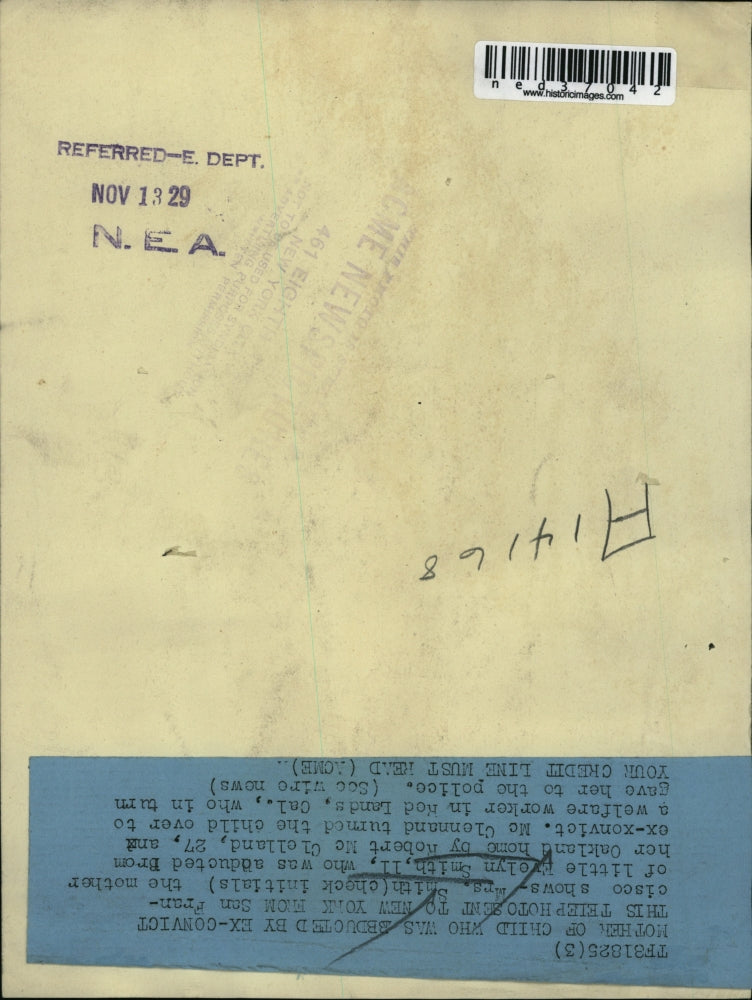 1929 Press Photo Mrs. Smith, the mother of little Evelyn Smith - ned37042