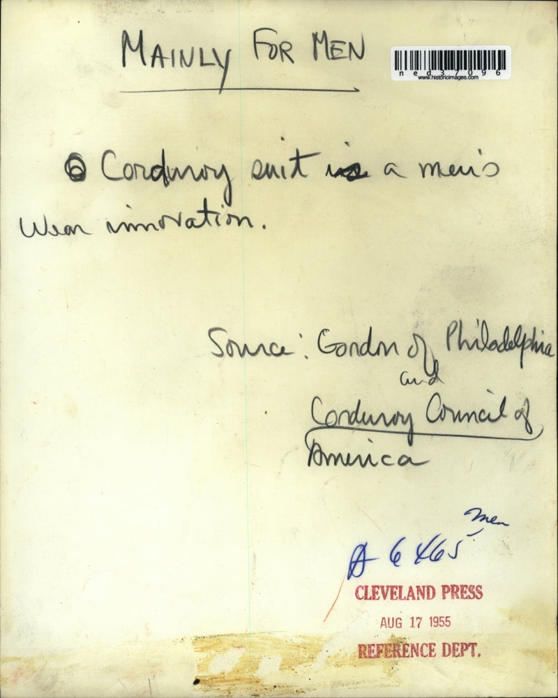 1955 Press Photo Young man posed wearing Corduroy suit