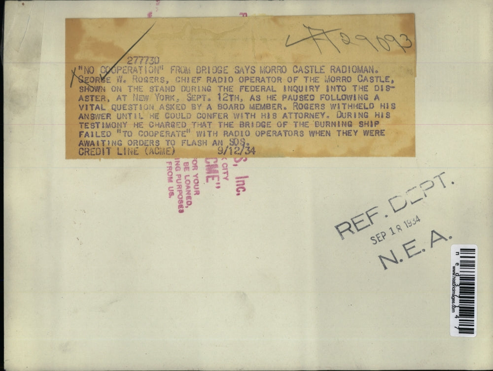 1934 Press Photo George W Rogers, testifies at hearing of Worro Castle