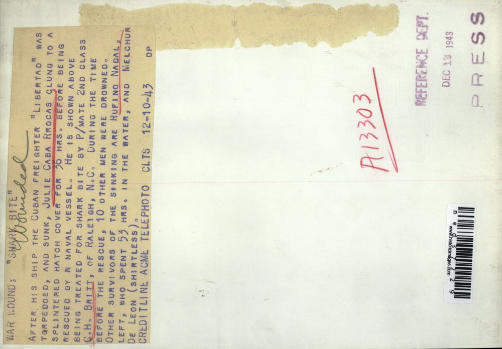 1943 Press Photo Julie Caba Rrocas Treated For Shark Bite After Ship Torpedoed