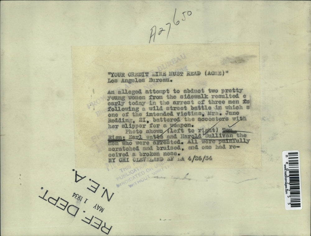 1934 Press Photo Tom Riga, Earl Watts, Harold Sullivan, attempt women abduction