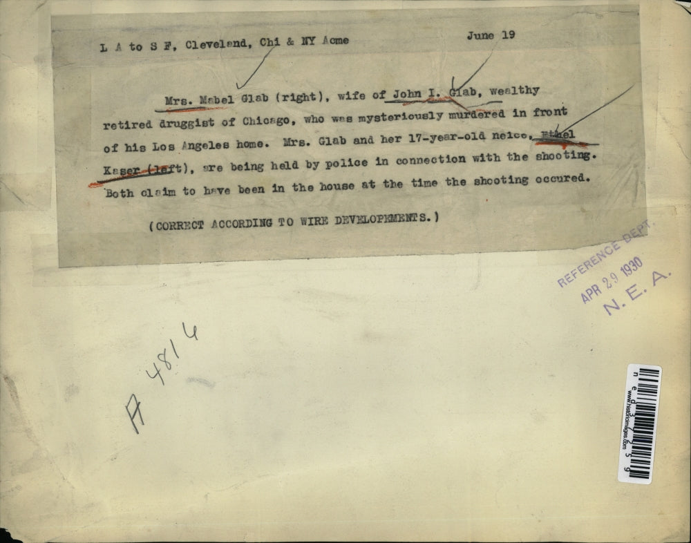 1930 Press Photo Mrs. Mabel Glab, widow of slain John Glab, in L.A.