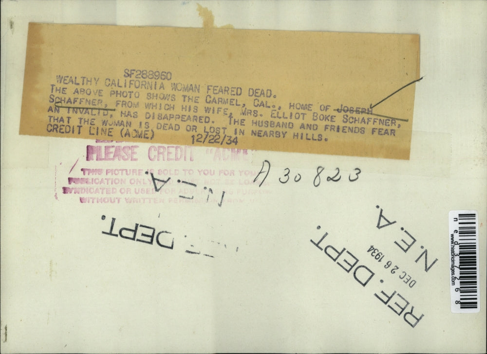 1934 Press Photo Wealthy California Woman Feared Dead