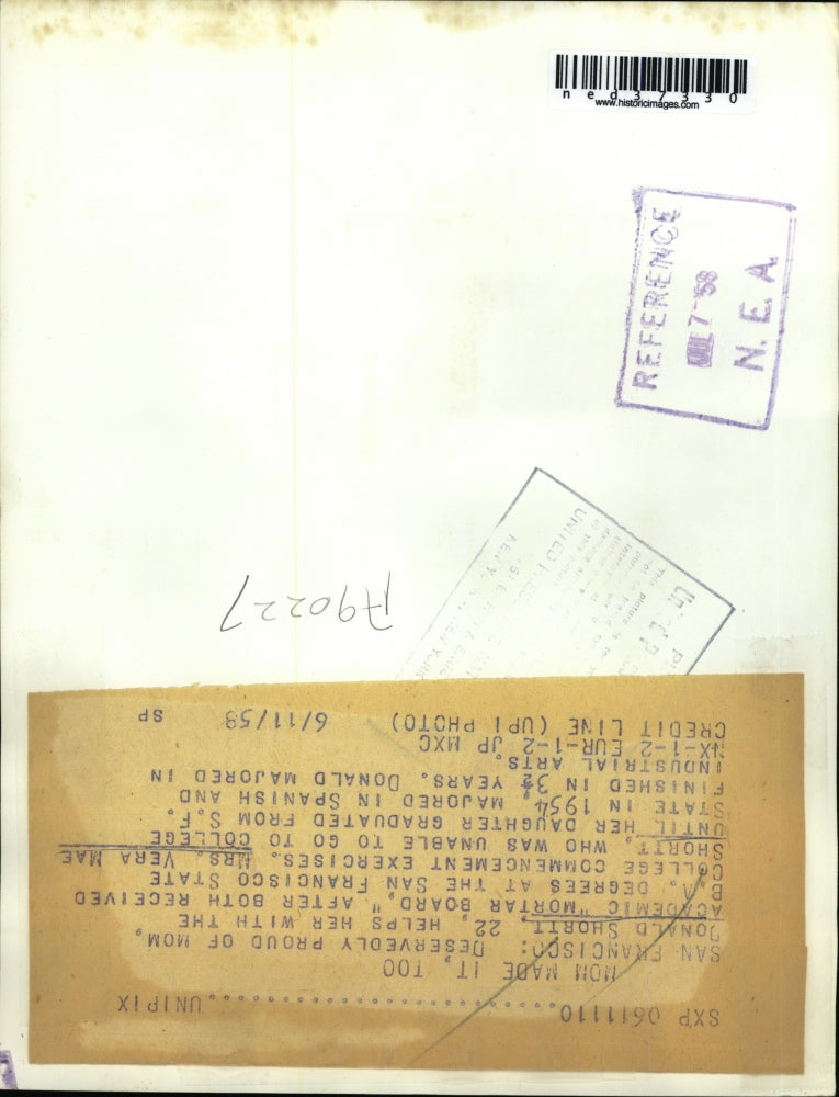 1958 Press Photo San Francisco Donald Shortt Vera Mae Spanish Major College