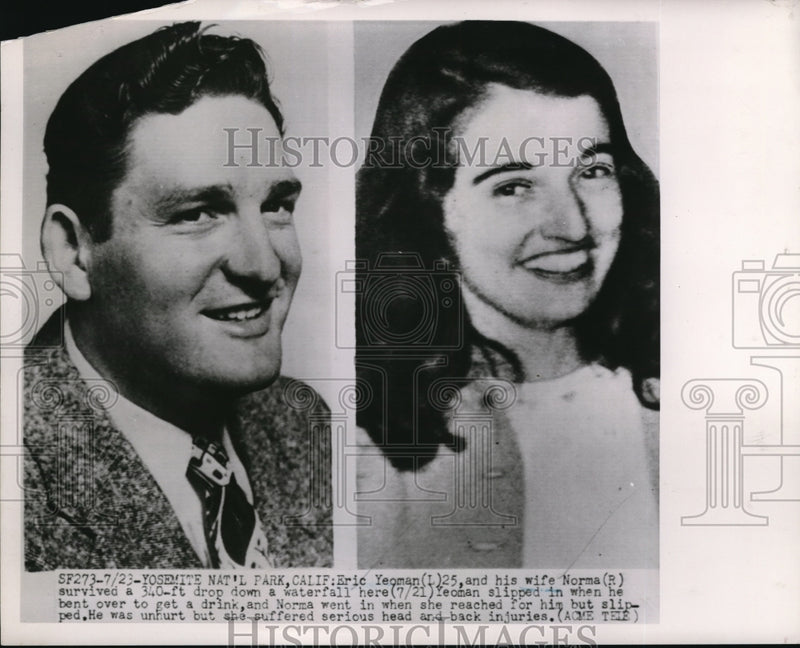 Load image into Gallery viewer, 1951 Press Photo Eric Yeoman and wife Norma survived at 340 ft waterfall drop
