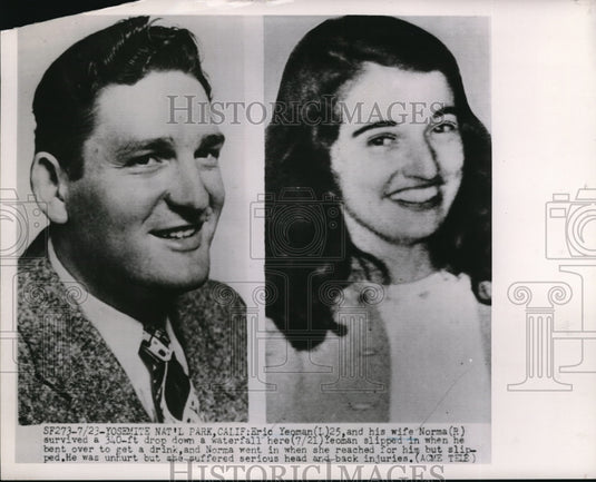 1951 Press Photo Eric Yeoman and wife Norma survived at 340 ft waterfall drop