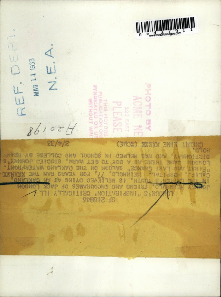 1933 Press Photo Johnny Heinhold, friend and encourager of Jack London