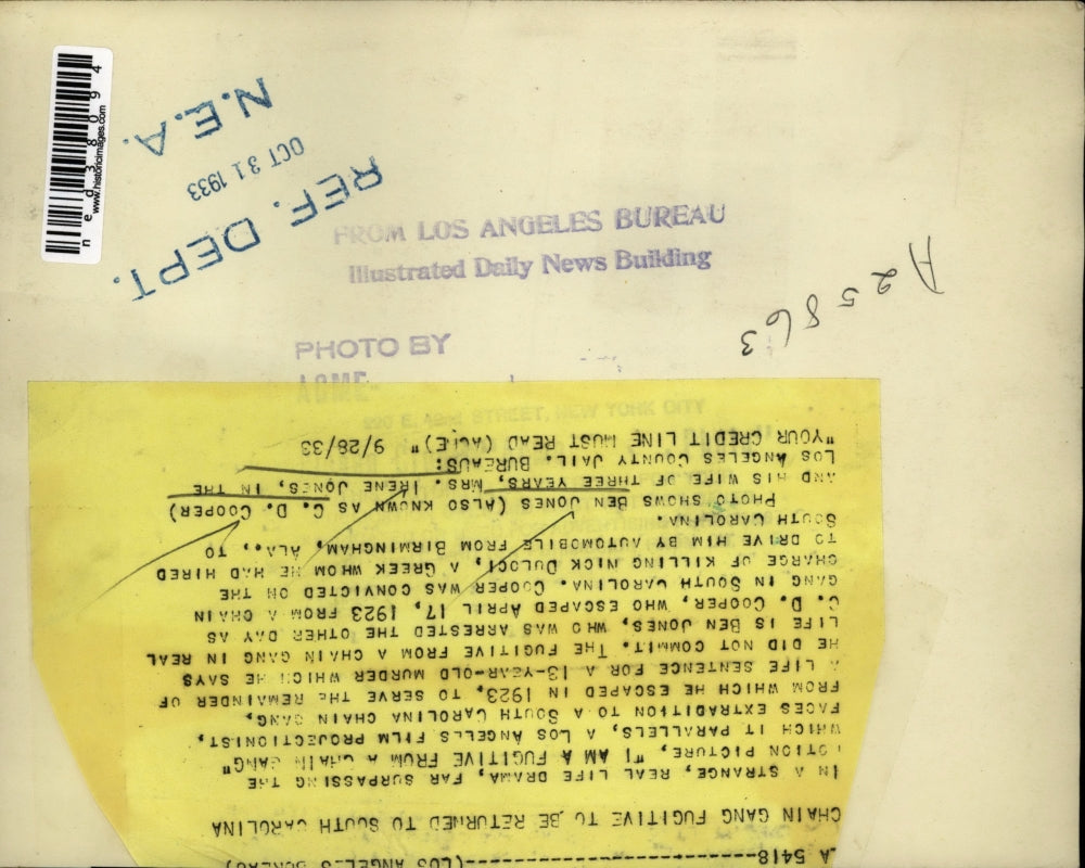 1933 Press Photo Irene and husband Ben Jones Chain gang fugitive - ned38094