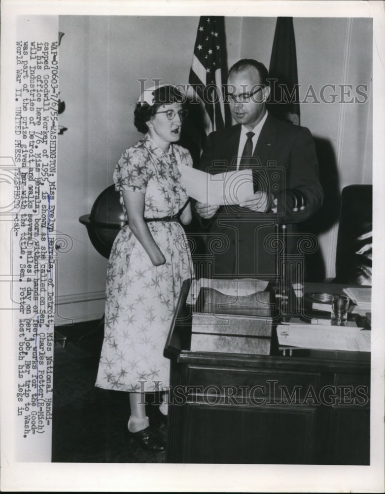 Load image into Gallery viewer, 1955 Press Photo Miss Evelyn Herrala called by Sen. Charles Potter in his office
