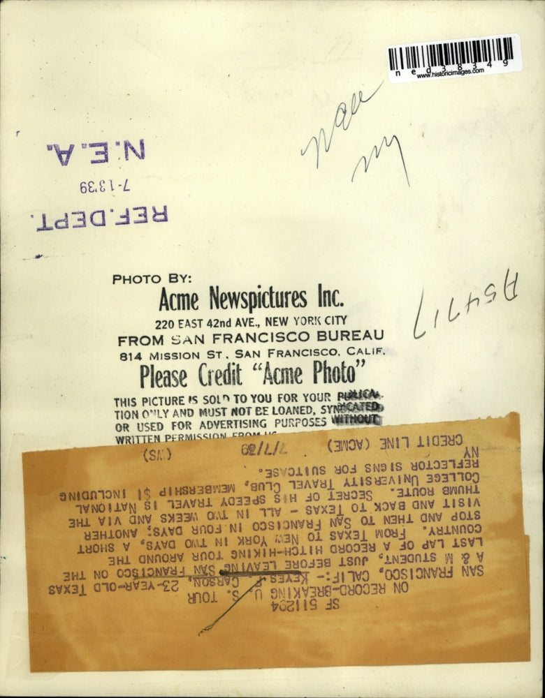 1939 Press Photo Keyes Carson before leavinf San Francisco - ned38349