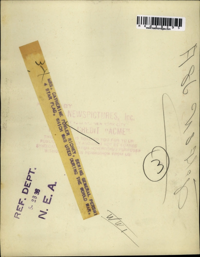 1938 Press Photo Mrs. Catherine Fowler Richey sewing General Perishing flag