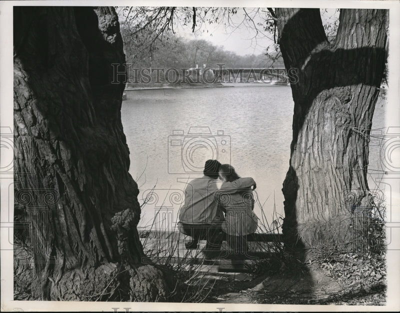 Load image into Gallery viewer, 1949 Press Photo Couple loafing beside the Lincoln Park Lagoon in spring weather
