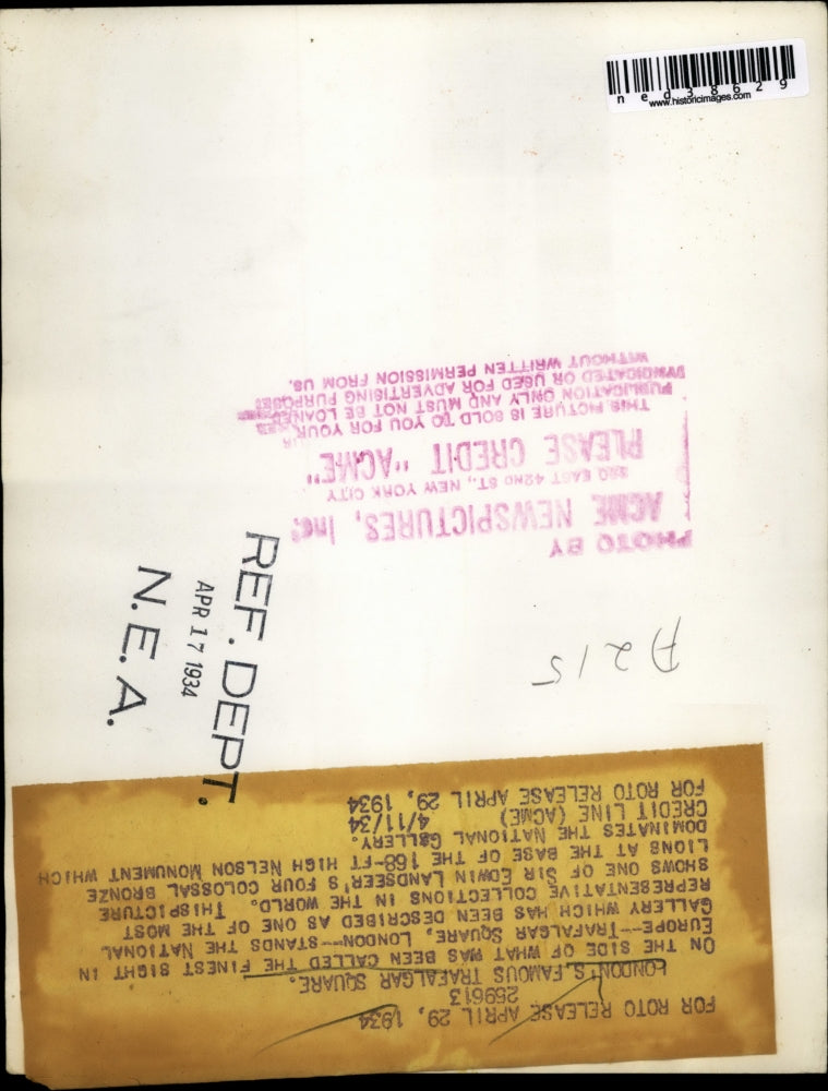 1934 Press Photo London Traealgar Square Europe National gallery Edwin Landseer