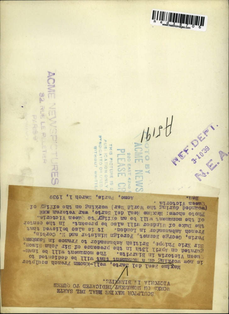 1939 Press Photo Maxime Real Del Sarte well known French Sculptor is now working