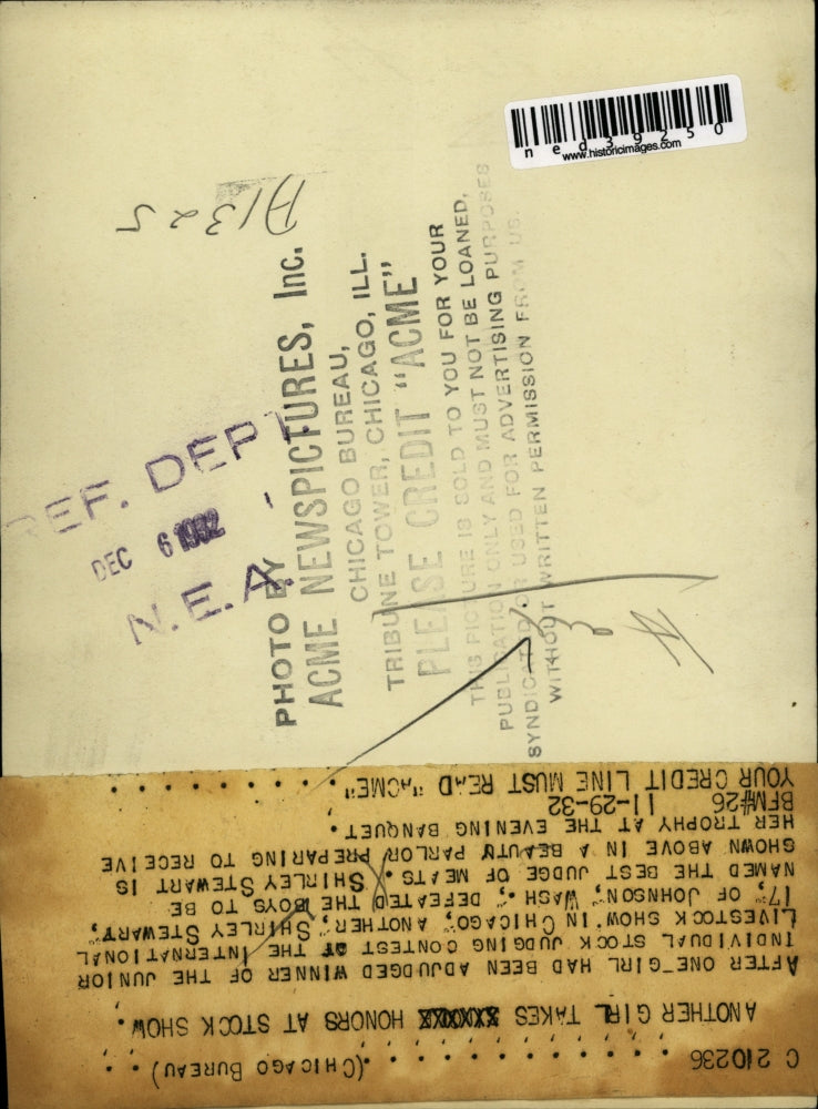 1932 Press Photo Shirley Stewart Won the Junior Individual stock Judging Contest