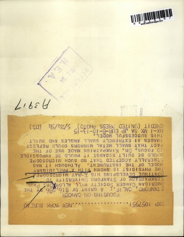 1954 Press Photo Dr. Paul Kirkpatrick Developing His X-Ray Microscope