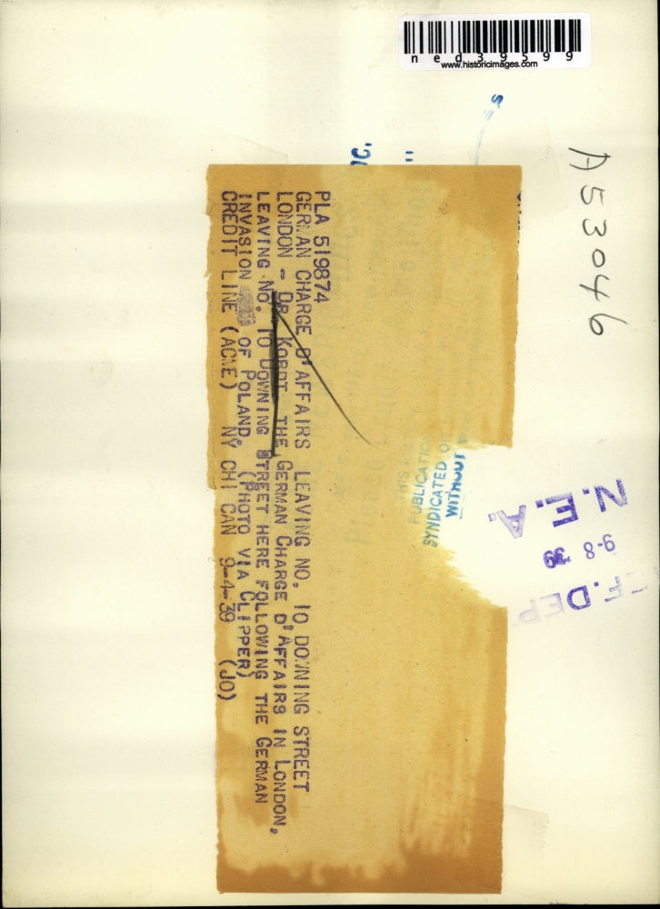 1939 Press Photo Kordt German Charge D'Affairs London After Invasion of Poland