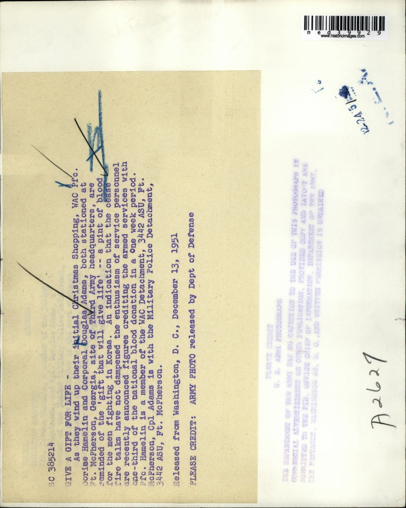 1951 Press Photo Dorine Hamelin and Corporal Douglas Adams donate blood