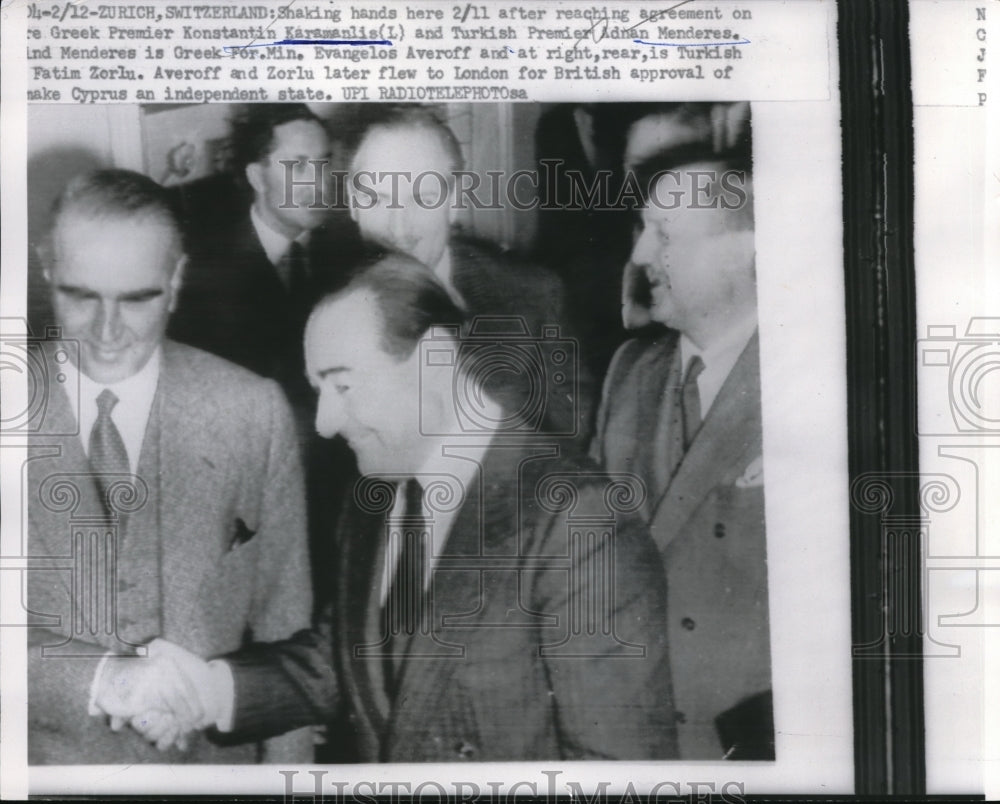 1959 Press Photo Konstatin Karamanlis and Adrian Menderes shaking hands