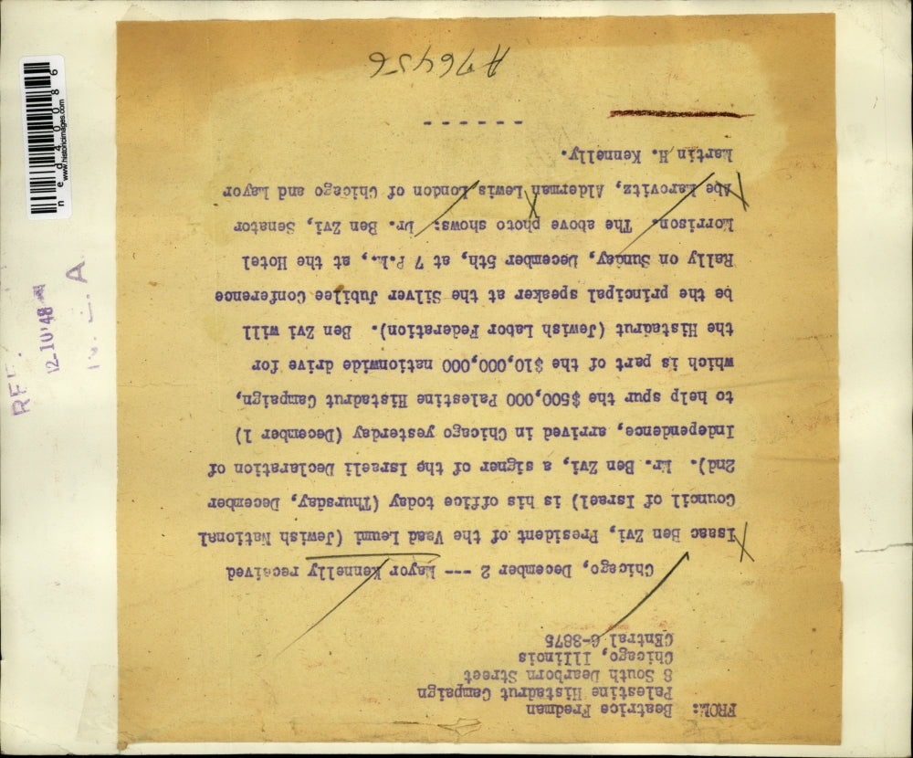 1948 Press Photo Dr. Ben Zvi, Abe Larovitz, Alderman Lewis, and Martin Kennelly