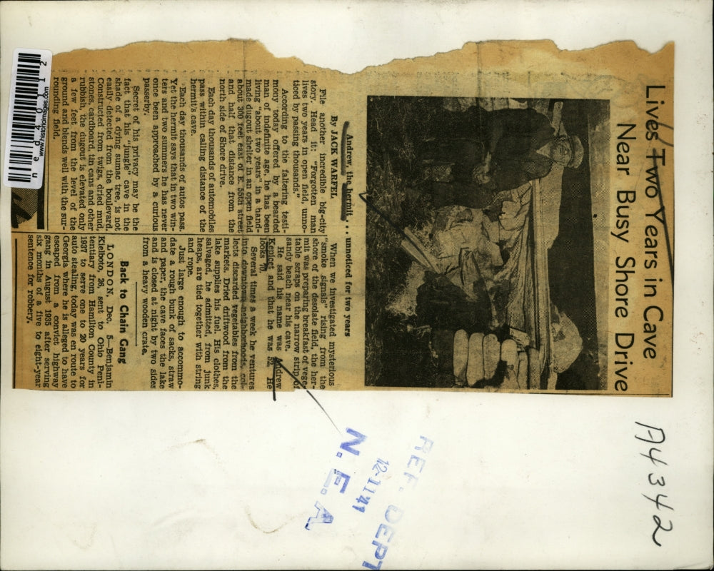 1941 Press Photo Andrew Kepicet, the Hermit, lives two years in cave