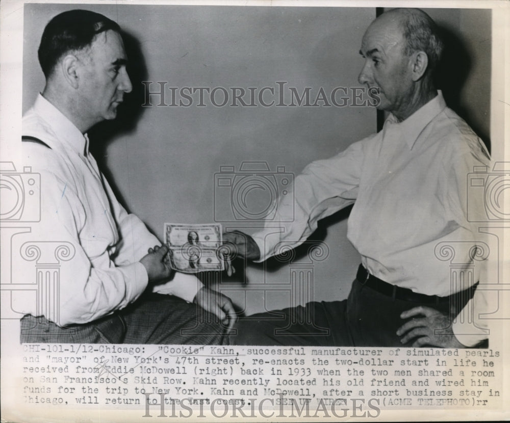 1948 Press Photo Cookie Kahn re-enacts the two dollar start in life he received
