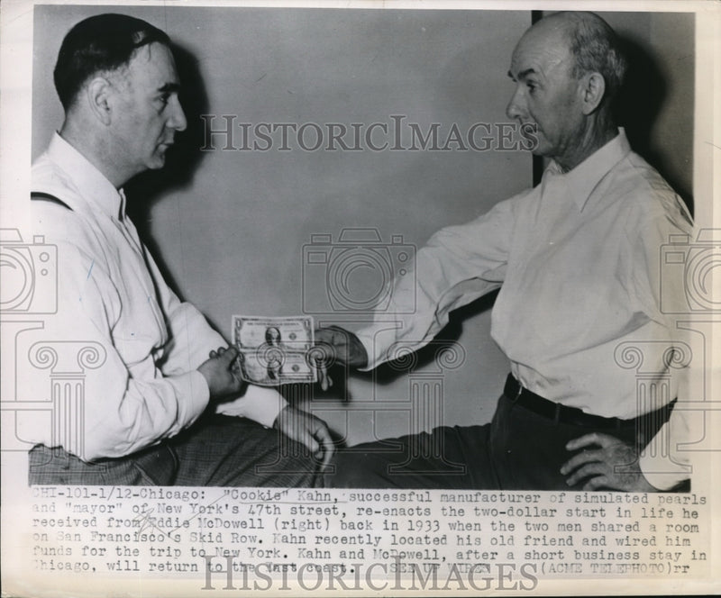 Load image into Gallery viewer, 1948 Press Photo Cookie Kahn re-enacts the two dollar start in life he received
