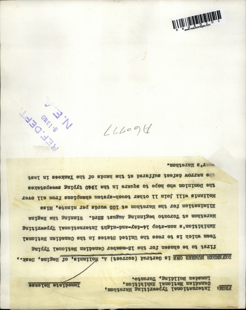 1940 Press Photo Gertrude A Molinnis Canadian National Typing Team Member