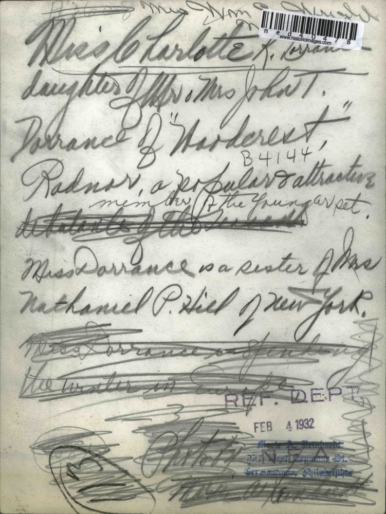 1932 Press Photo Miss Charlotte Dorrance sitting on a bench