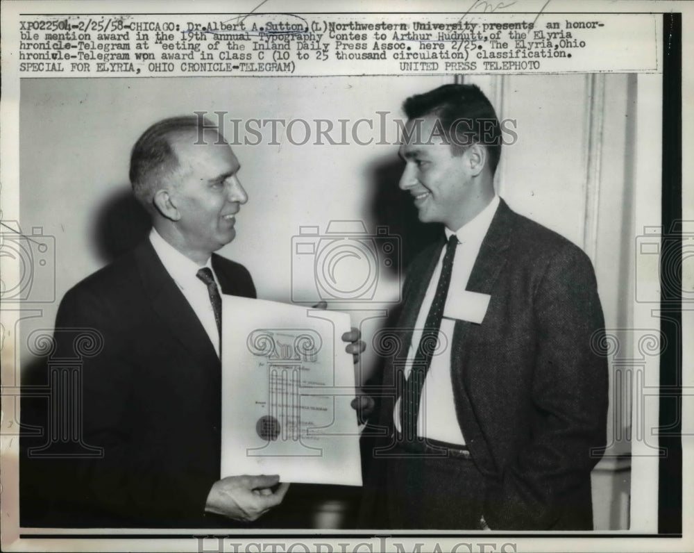 1958 Press Photo Dr. A. A. Sutton Presents Honorable Mention Award to A. Hudnutt