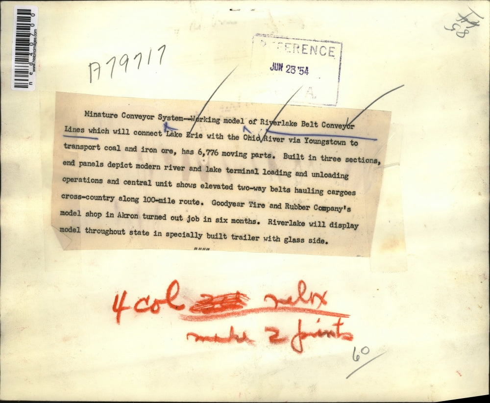 1954 Press Photo Miniature Conveyor System--working model of Riverlake