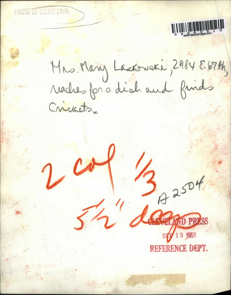 1951 Press Photo Mrs. Mary Laskowski reches for dish and finds crickets